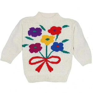 White Floral Bouquet Knitted Sweater Size Small 3/4 Sleeve Sweater Mock Neck Top